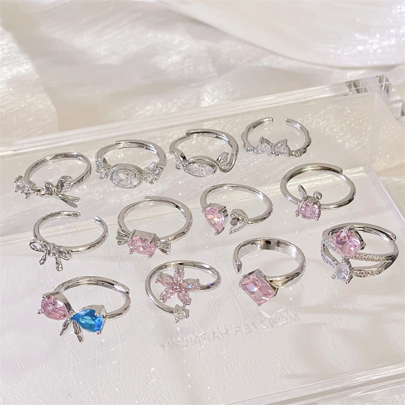 Colorful Crystals Open Bow Flower Design Elegant Light Rings