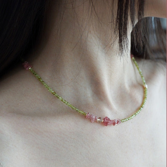 Olivine Irregular Strawberry Quartz Chinese Clavicle Necklaces