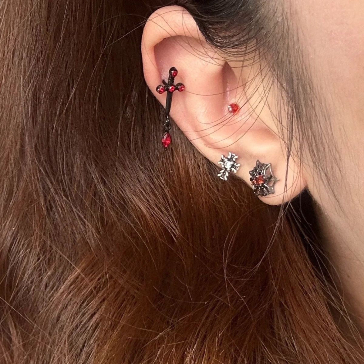 Dark Spider Jacinth Ear Bone Personality Gothic Stud Earrings