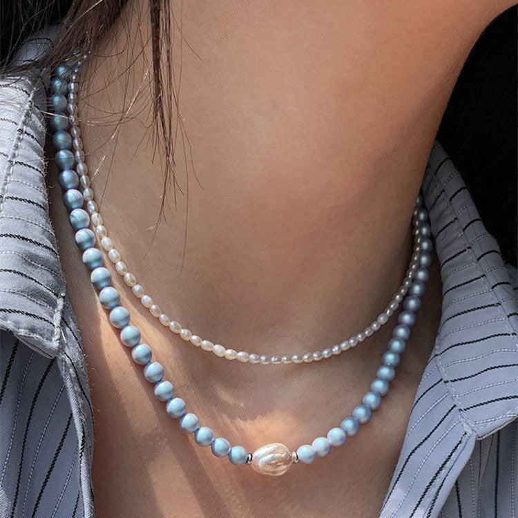 Women's Blue Pearl Baroque Shaped Freshwater Graceful Fashionable Necklace