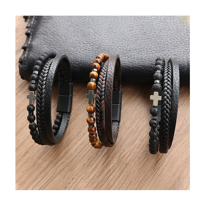 Men's Natural Stone Stainless Steel Tigereye Volcanic Bracelets
