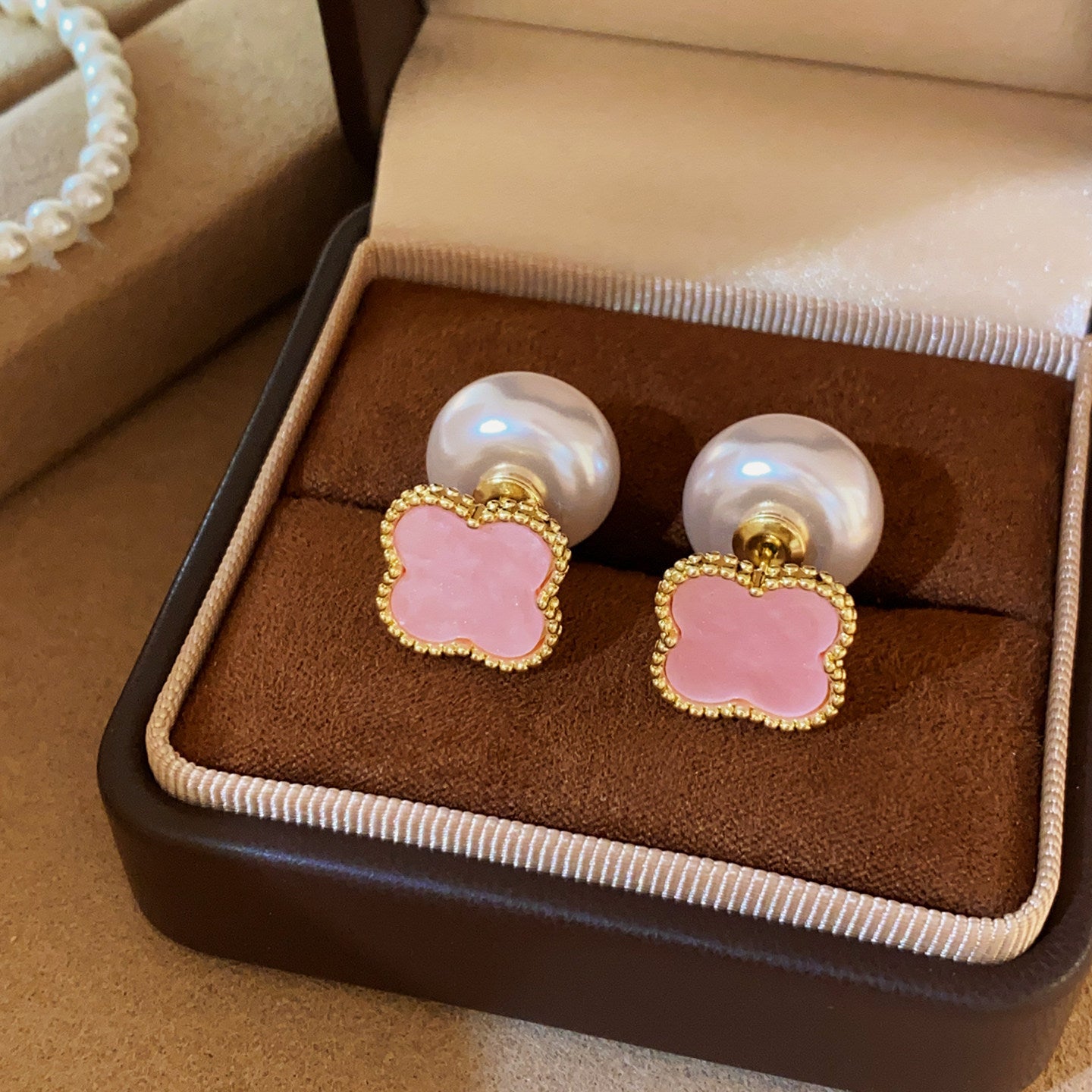 Indie Colorful Four-leaf Clover Pearl Double-sided Earrings