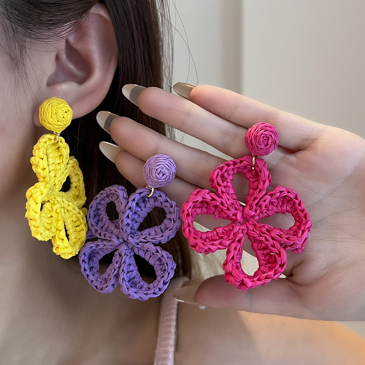 Women's Summer Tassel Flowers Hand-woven Raffia Vacation Style Earrings