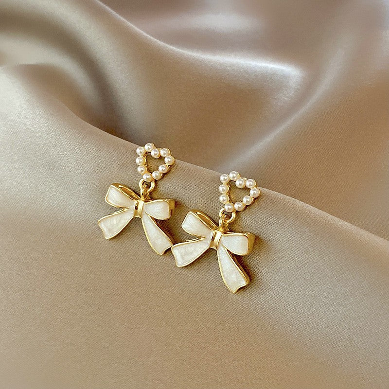 Women's Bow Enamel Trendy Design All Match Pearl Stud Earrings