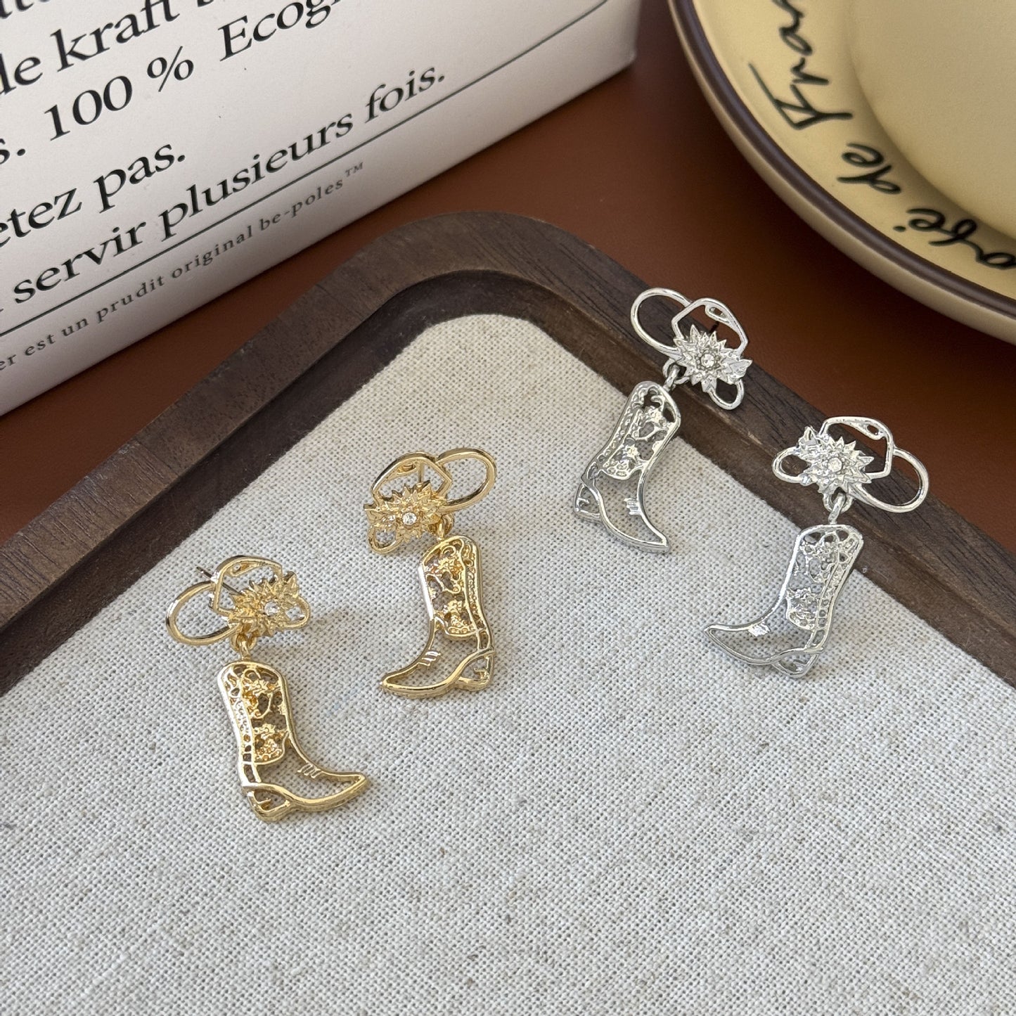 Women's Niche Hat Hollow Out Denim Boots Earrings