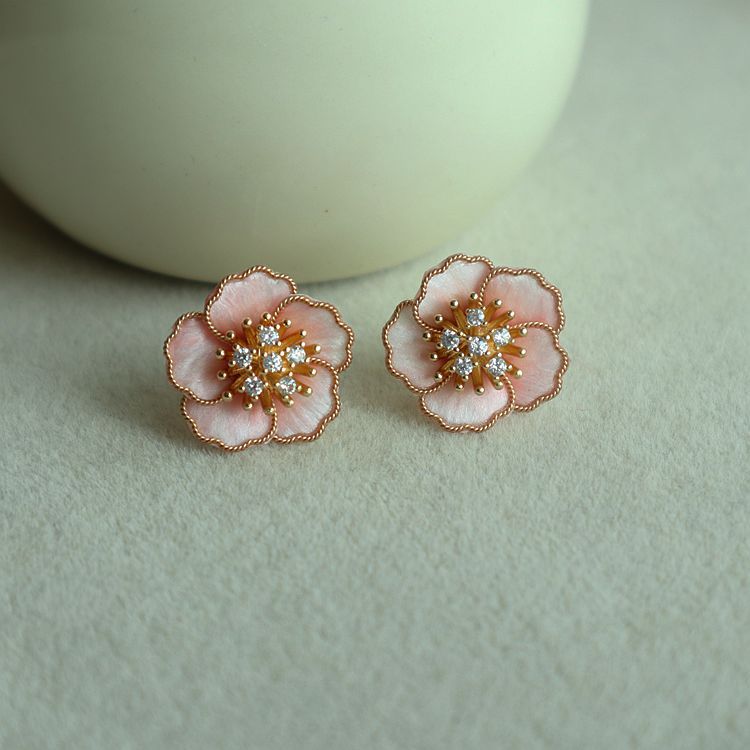 Spring Cherry Blossom Pink Handmade Filigree Veet Flower Sweet Trendy Earrings