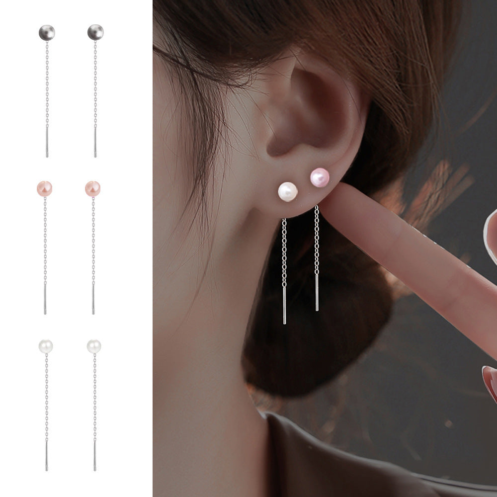 Pearl Long Slimming Girlish Style Pink Round Beads Chain French Ear Line