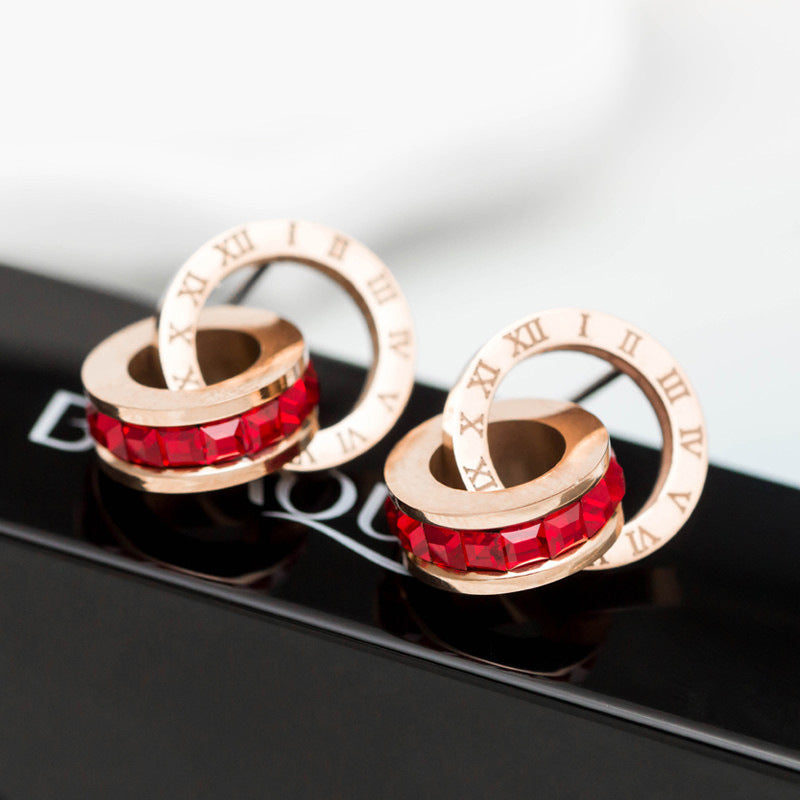 Diamond Creative Rose Gold Titanium Steel Female Double Earrings
