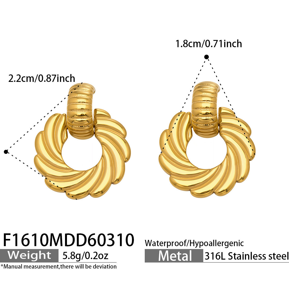 Women's Steel Spiral Twisted Thick Gold Electroplated Elegant Earrings