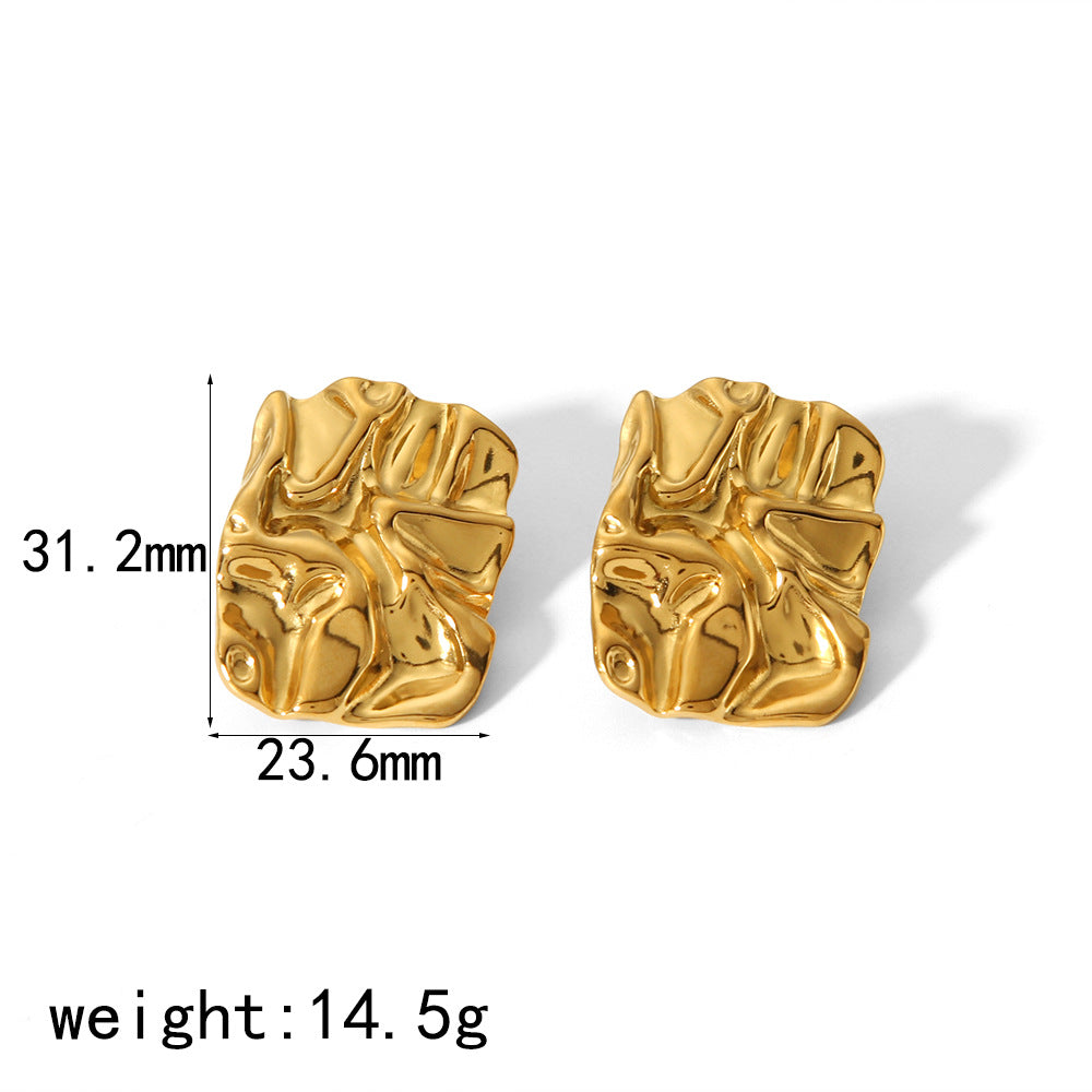 Women's Fashionable Gold Stainless Steel Geometric Pleated Texture Earrings