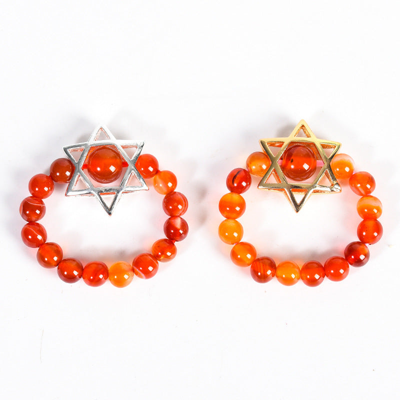 Natural Crystal Stone Round Beads Six-pointed Star Jade Handmade Rings