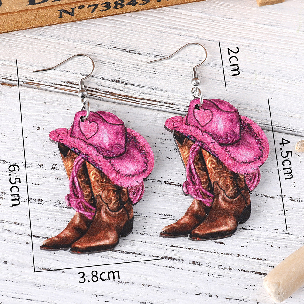 Women's Western Style Pink Denim Hat Cowboy Earrings