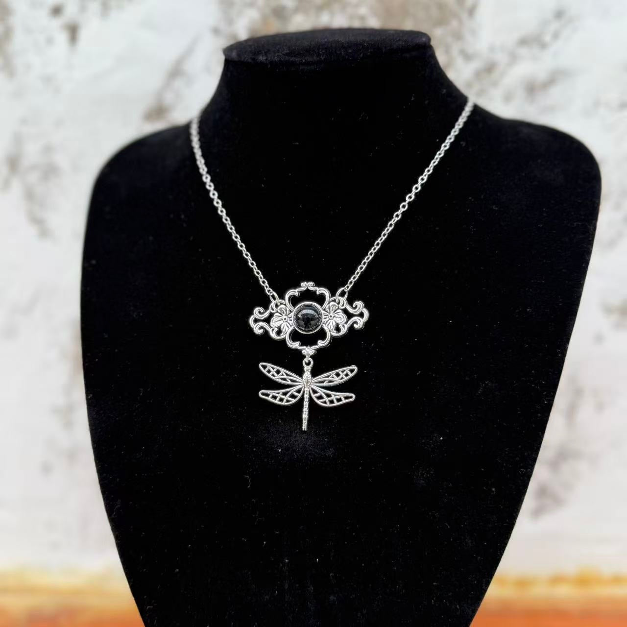 Vintage Pierced Black Gem Flower Butterfly Weird Necklace