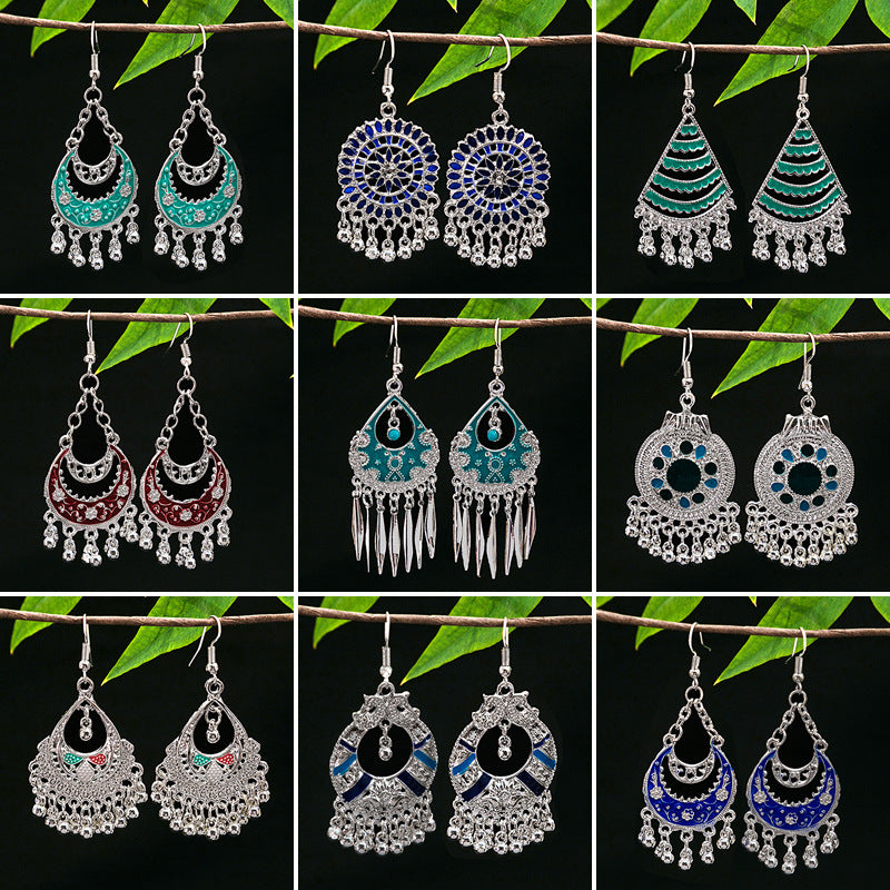 Metal Alloy Retro Ethnic Style Geometric Water Drop Round Bell Earrings