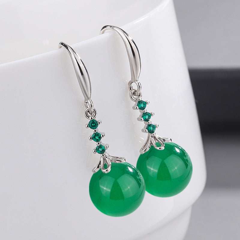 Women's Green Agate Sier Plated Zircon Carnelian Long Earrings