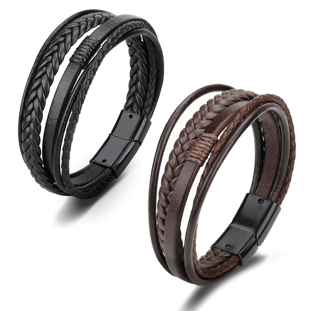 Men's Trendy Cowhide String Woven Leather Alloy Magnetic Bracelet