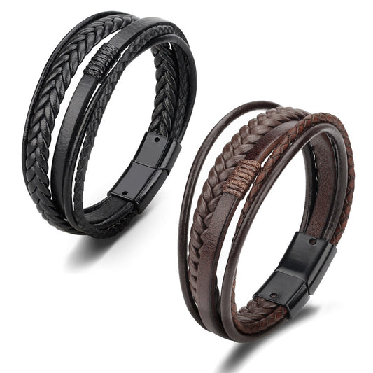 Men's Trendy Cowhide String Woven Leather Alloy Magnetic Bracelet