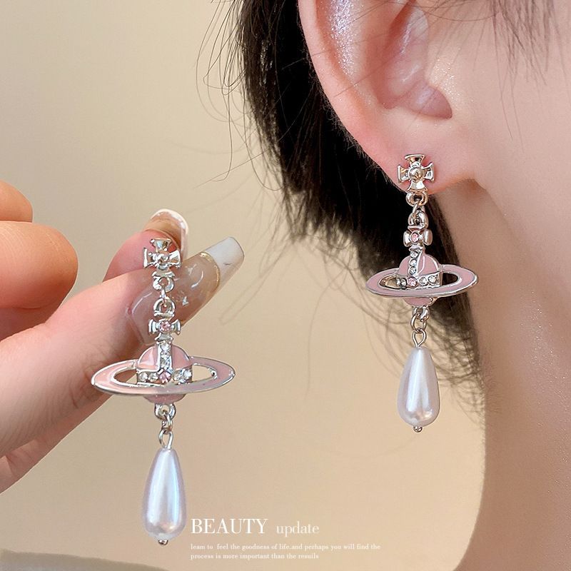 Autumn Saturn Cross Pearl Tassel Niche Earrings