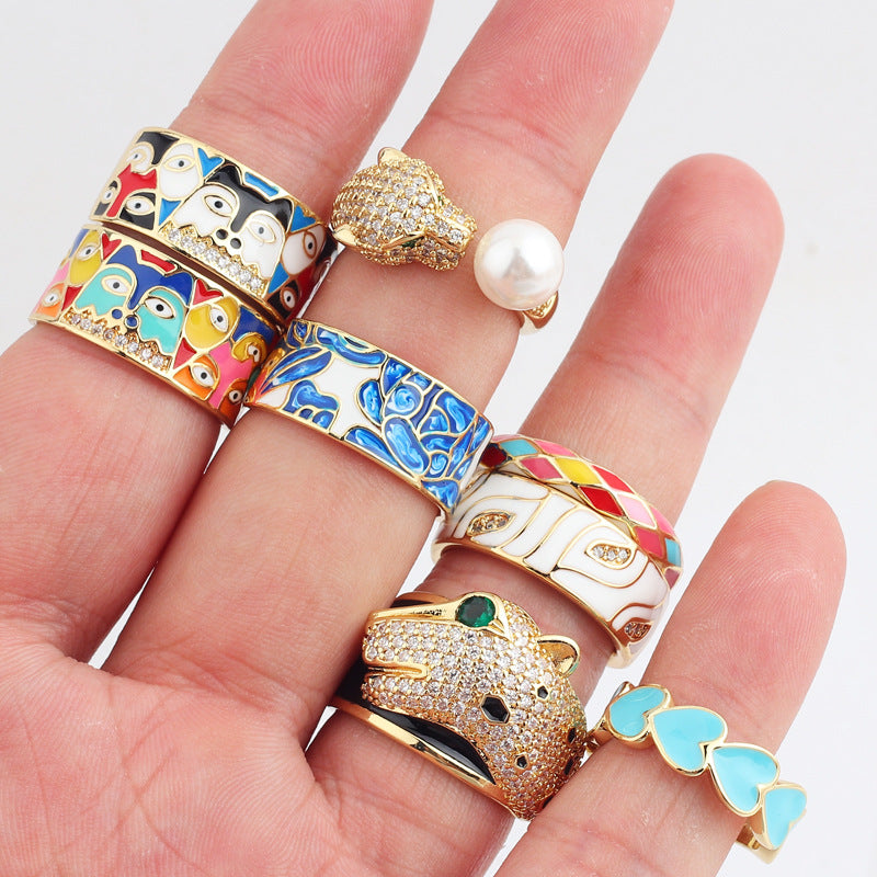 Women's Face Blue Leaf Slate Pattern Opening Adjustable Rings