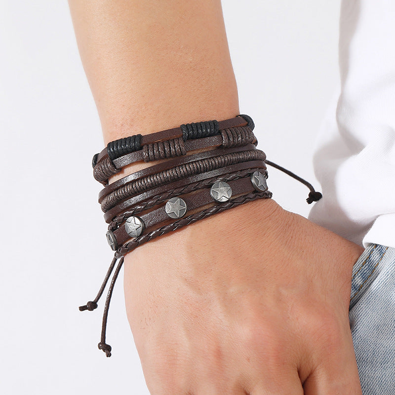 Simple Weave Vintage Leather Accessories Set Bracelets