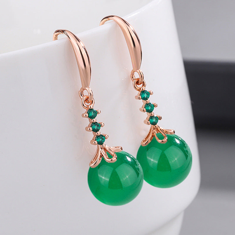 Women's Green Agate Sier Plated Zircon Carnelian Long Earrings