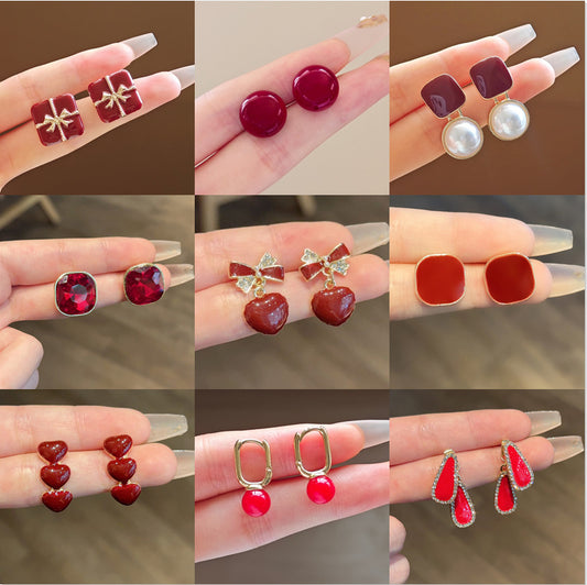 Women's Retro Style Red Fashionable Elegant High-grade Light Earrings