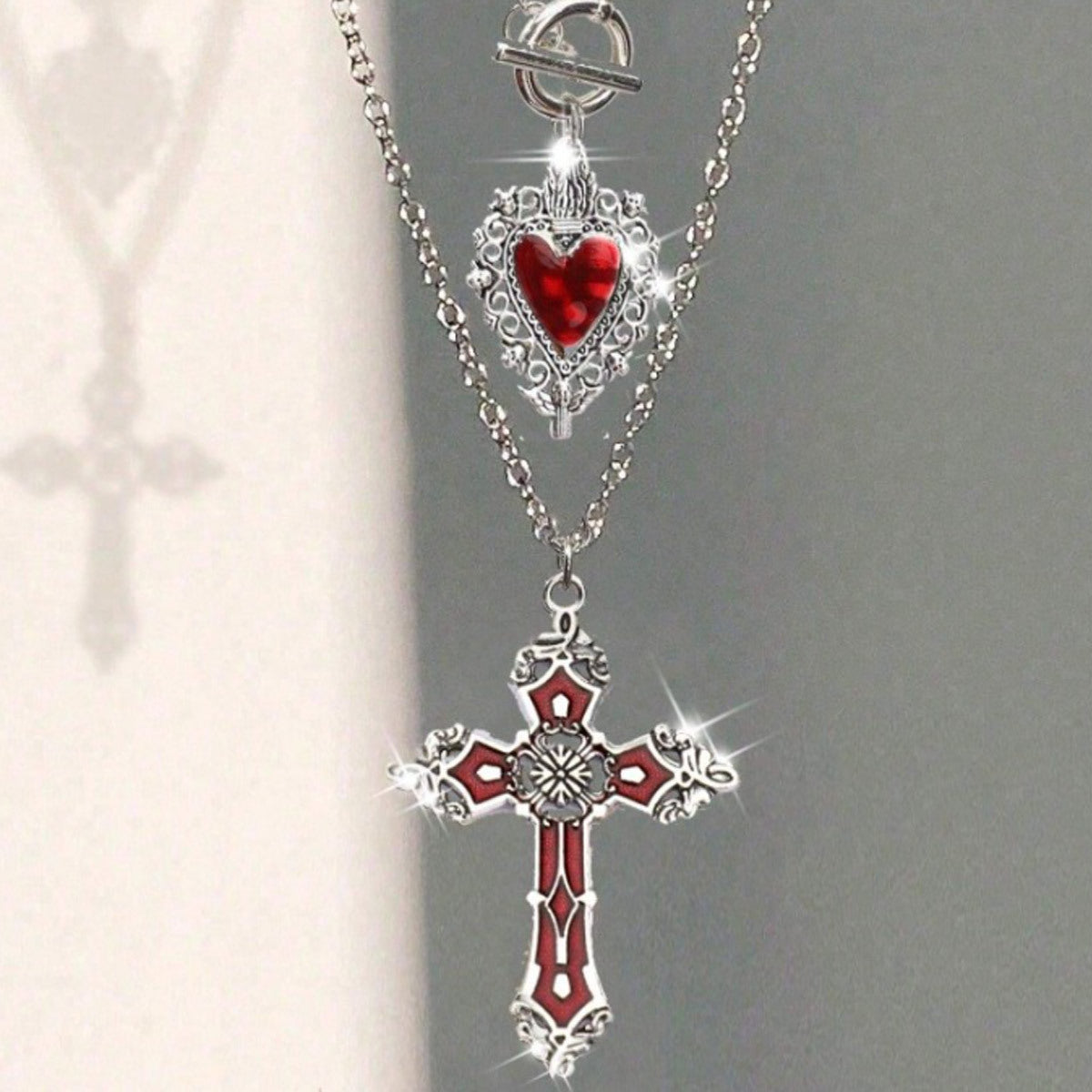 Women's Gothic Style Cross Heart Fashion Twin Clavicle Necklaces