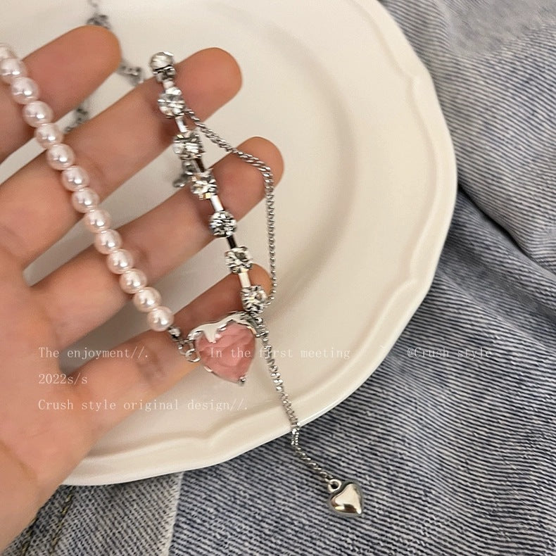 Women's Pink Heart-shaped Zircon Stitching Pearl High-grade Light Luxury Minority Necklace
