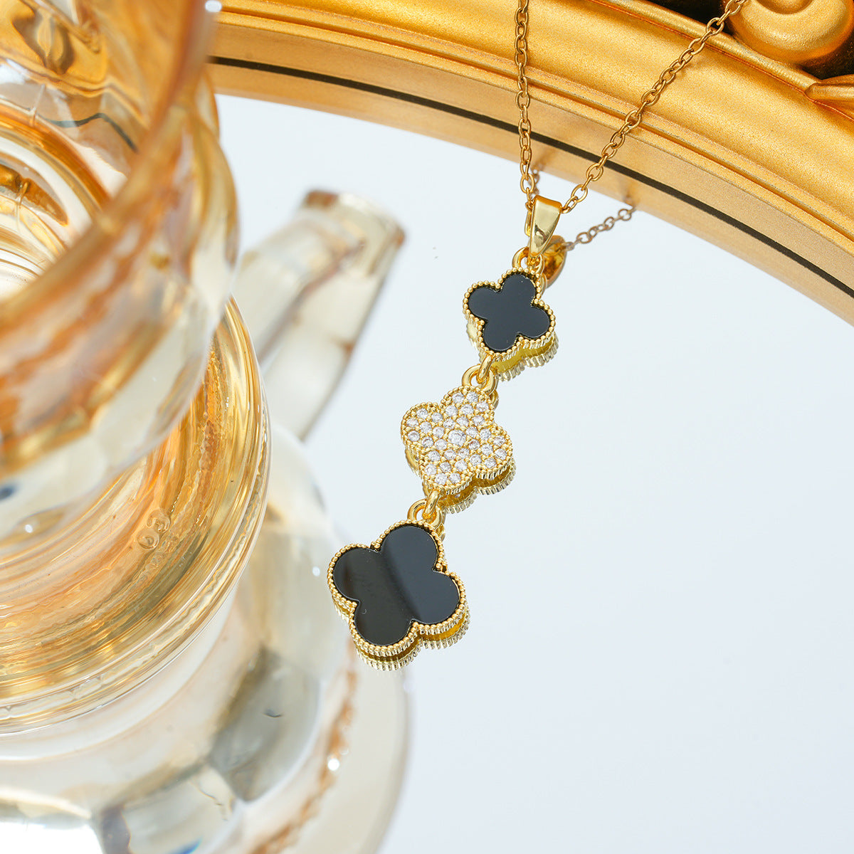 Women's Steel Triple Double-sided Clover Full Diamond Clavicle Chain Light Luxury Necklaces