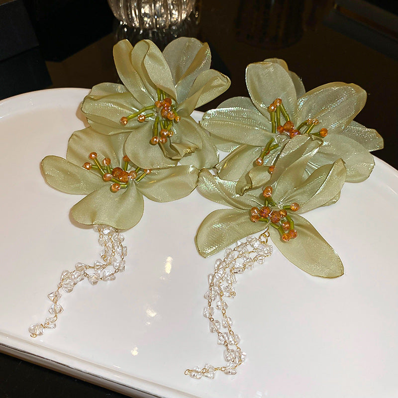 Women's Flower Artificial Crystal Tassel Sier Pin Personalized Minority Earrings