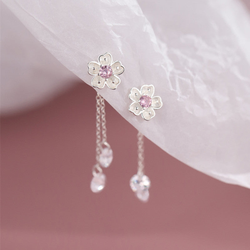 Sier Needle Pink Zirconium Cherry Blossom Female Flower Stud Earrings