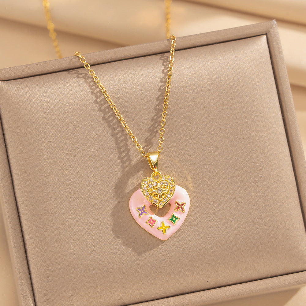 Love Heart Flowers Enamel Fashion Micro Inlaid Zircon Necklace