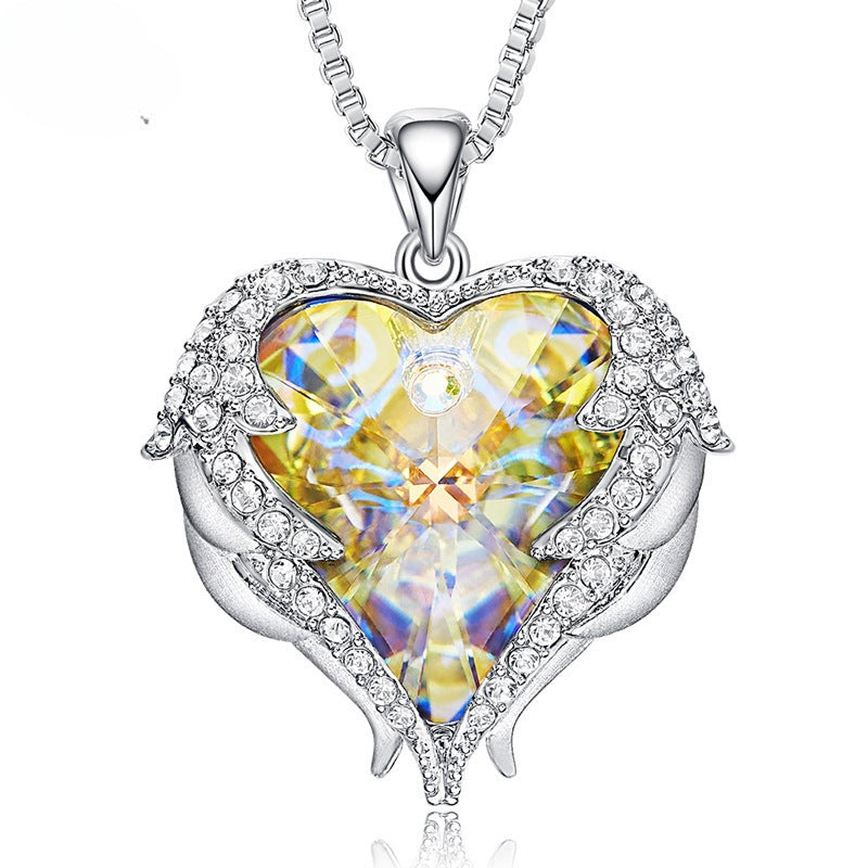 Ocean Heart Female Angel Wings Crystal Necklace