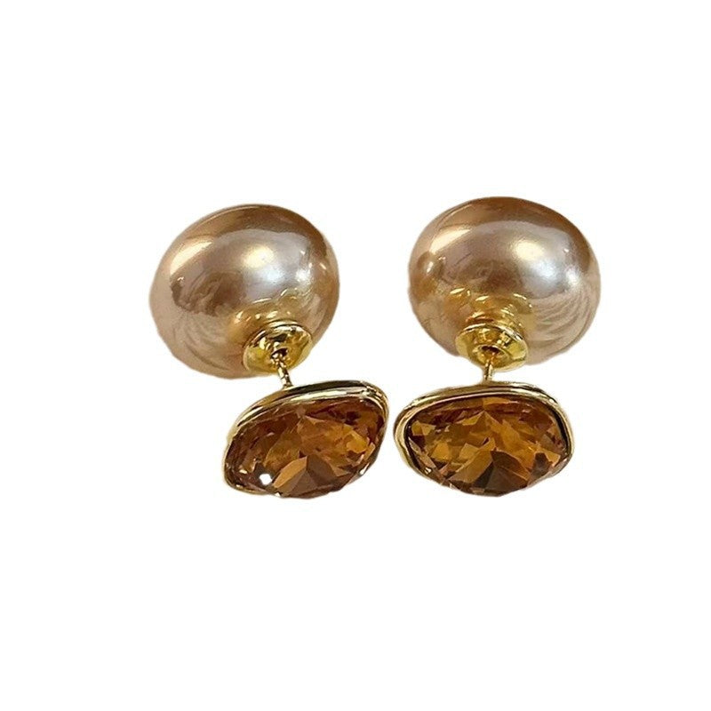 Style Double-sided Champagne Square Diamond Pearl Stud Earrings
