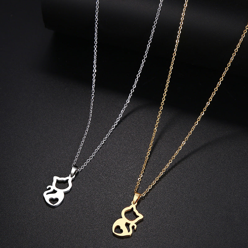 Women's Steel Cute Kitten Gold Sier Engagement Necklace