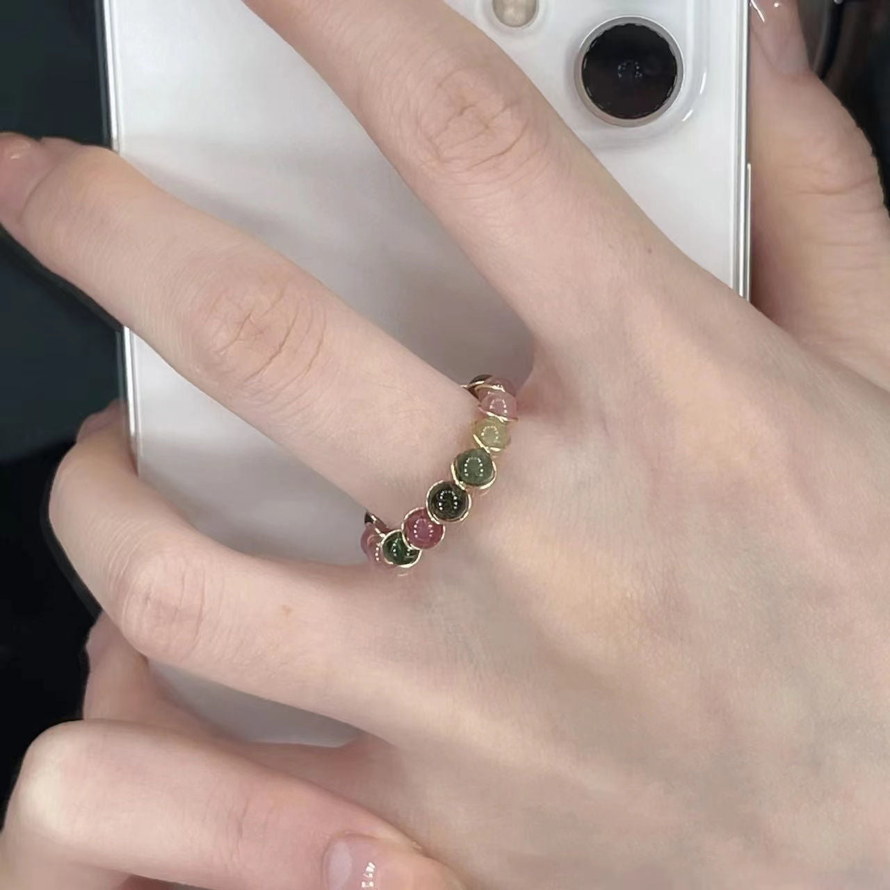 Rainbow Tourmaline Fashion Beaded Female Niche High Ring