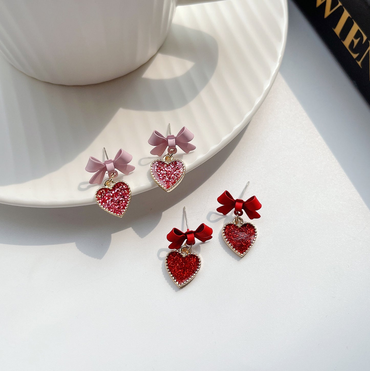 Women's Red Heart-shaped Enamel Girlish Style Bow White Earrings