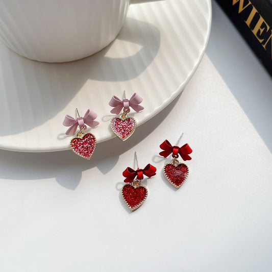 Women's Red Heart-shaped Enamel Girlish Style Bow White Earrings