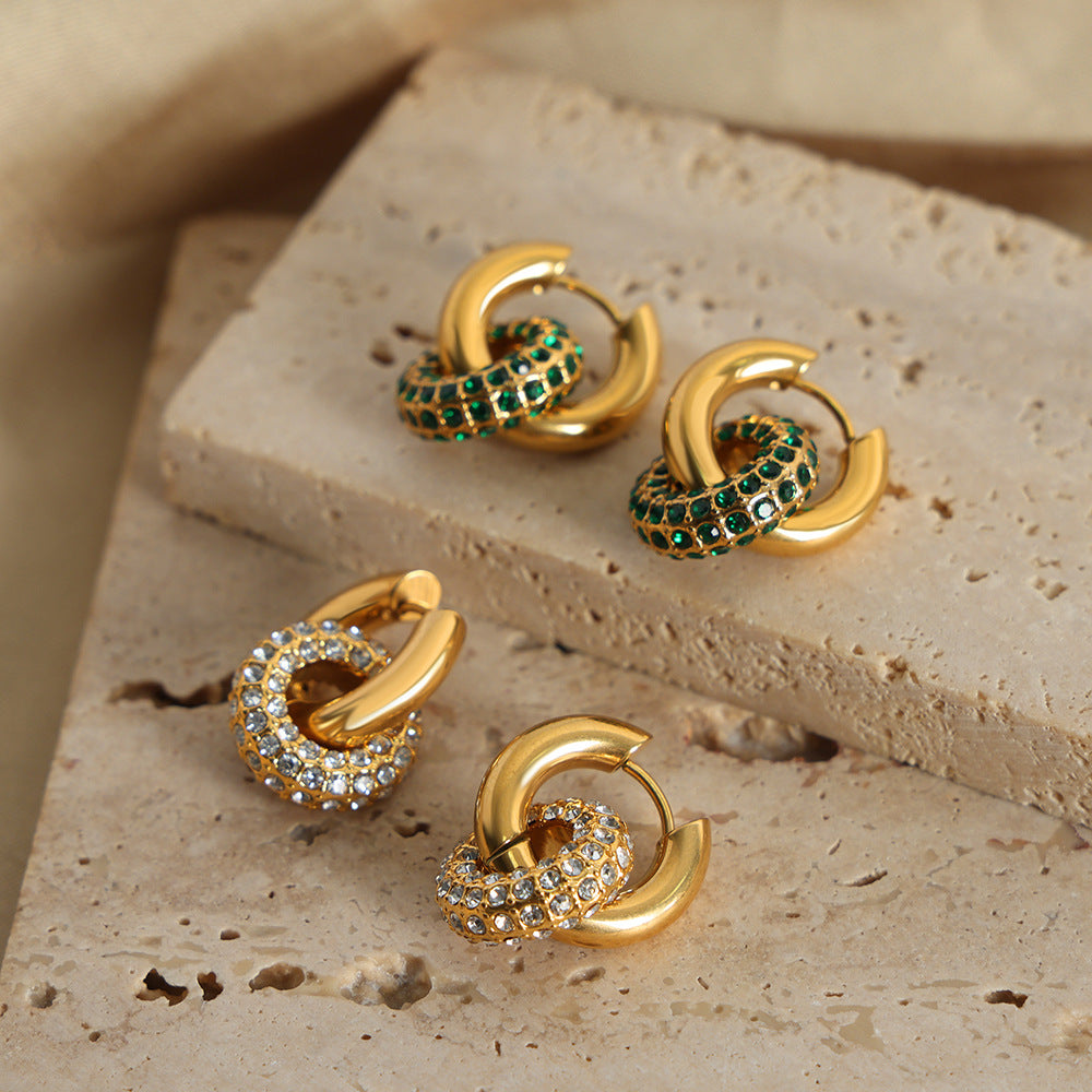 Women's French Retro Simple Gold Stainless Steel Full Diamond Earrings