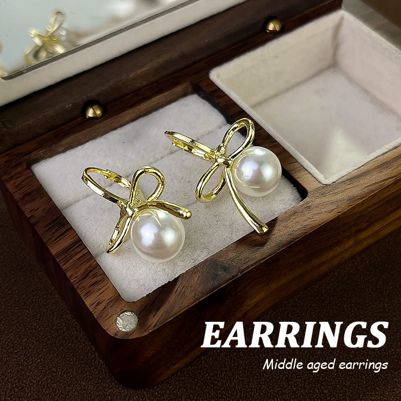 High-grade Bow Pearl Ear Clip Simple Rings