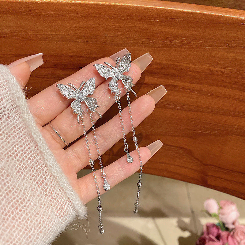 Sier Liquid Butterfly Tassel Female Design High-grade Elf Rings