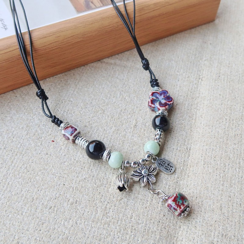 Women's Vintage Ethnic Style Ceramic Long Sweater Necklace