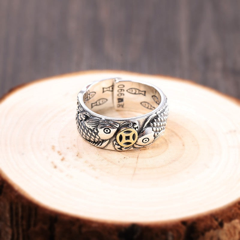 Enamel Color Auspicious Gradient Lucky Koi Chinese Ring
