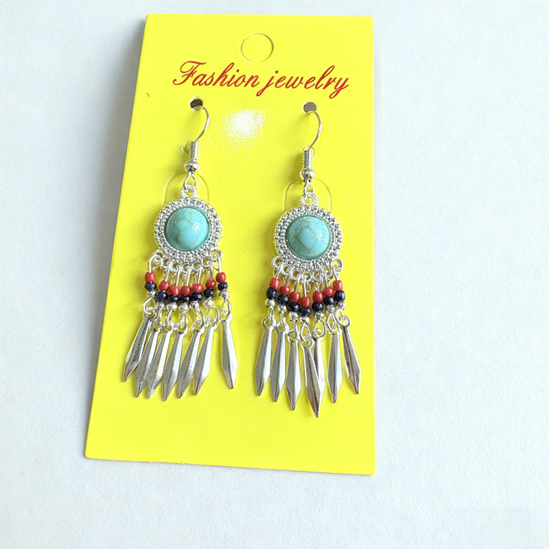 Women's Turquoise Retro Ethnic Style Tassel Miao Sier Earrings