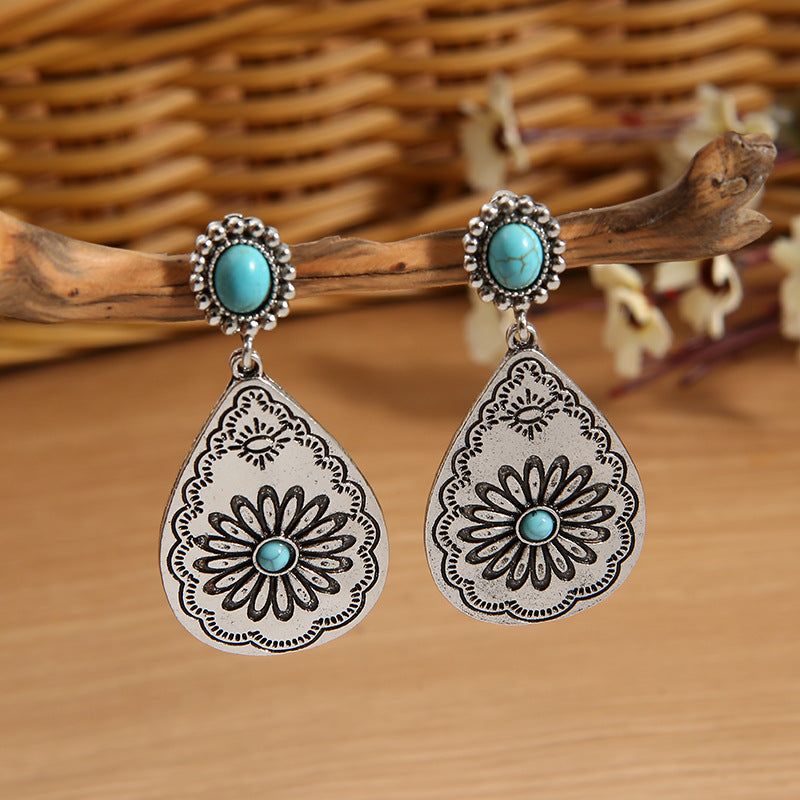 Vintage Turquoise Carved Water Drop Sunflower Earrings