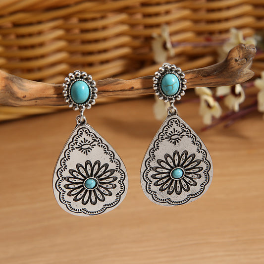 Vintage Turquoise Carved Water Drop Sunflower Earrings