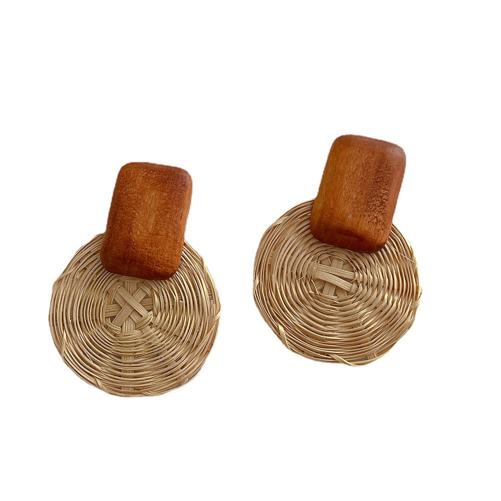 Woven Wooden Rattan Beach Vacation Style Vintage Earrings