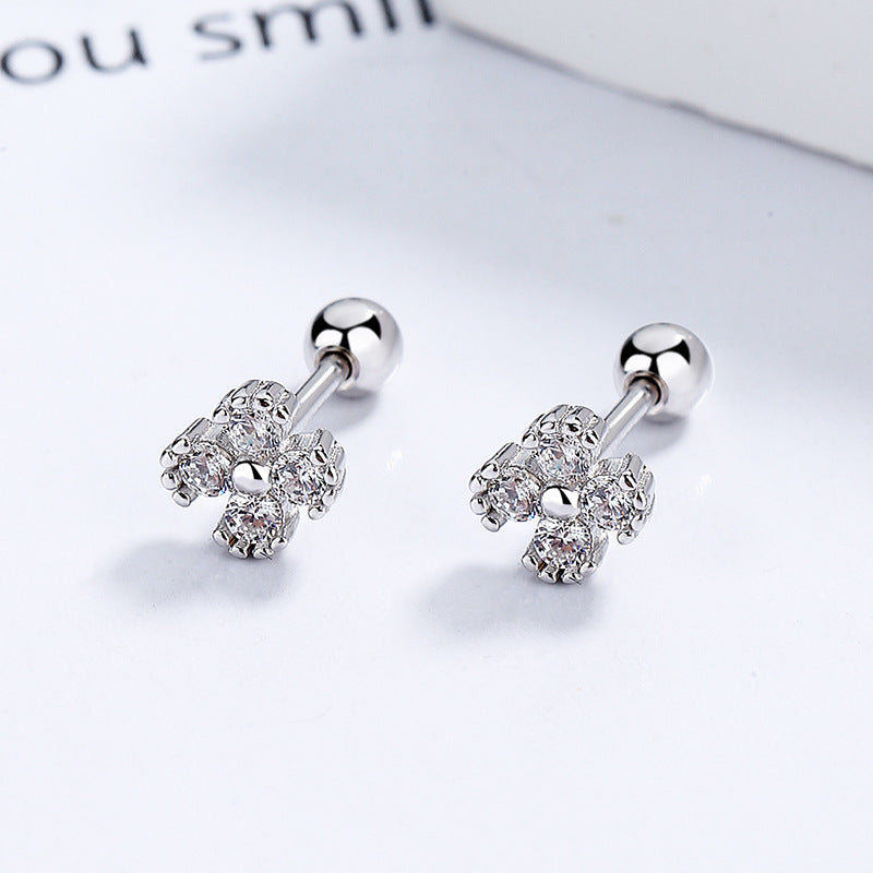 Clover Zircon Thread Female Sterling Sier Simple Design Screw Earrings