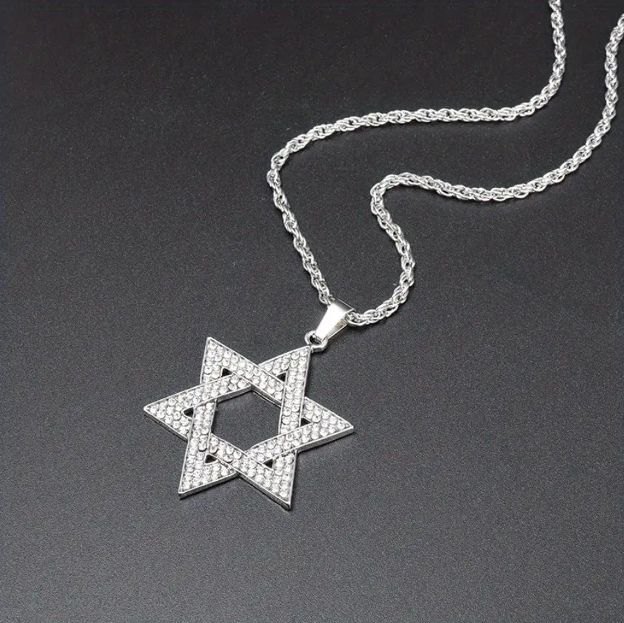 Men's Stainless Steel Full Diamond Hip Hop Six-pointed Star Trendy Fashion Necklace