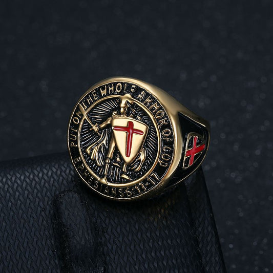 Men's Steel Gold-plated Vintage Templar Red Cross Rings